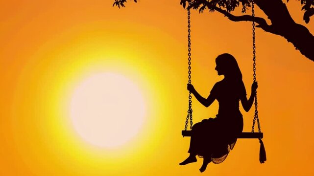 Teej with a woman silhouette on a swing at sunny day..