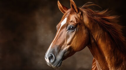 Obraz premium Majestic brown horse with flowing mane poses in a serene studio setting under soft lighting