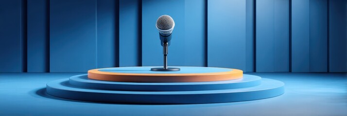 Microphone stands on a blue stage, ready for performance or speech in an empty auditorium setting