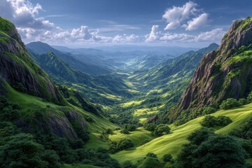 Fototapeta premium Majestic Valley Vista Lush Green Mountains Under a Serene Blue Sky with Wispy Clouds
