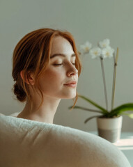 Serene Woman Natural Beauty Spa Self-Care Floral Portrait Mindful Wellness