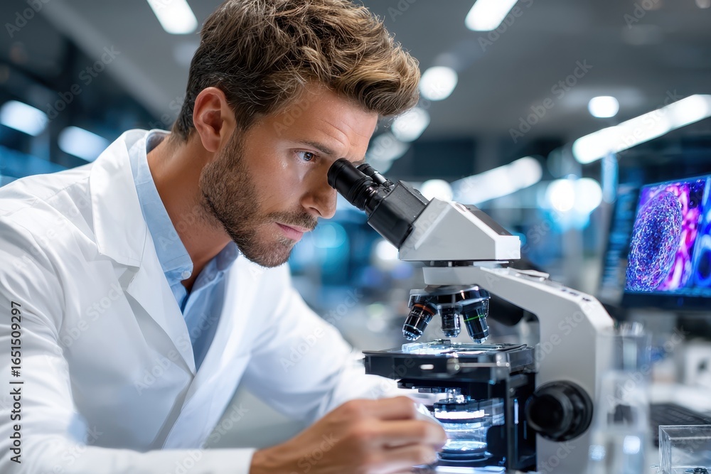 Poster scientist analyzing samples under microscope in modern laboratory setting