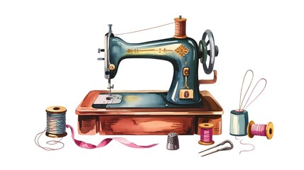 Vintage sewing machine with spools of thread, thimble, and needle isolated on white background