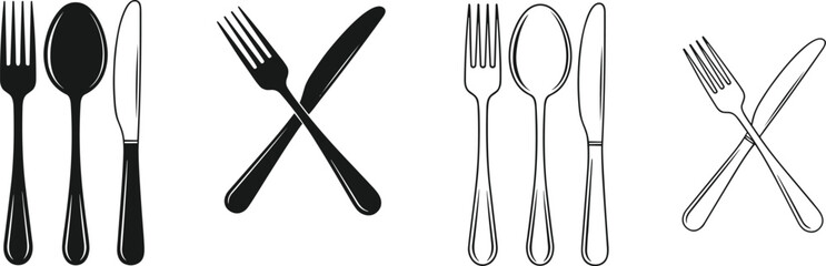 cutlery icon, fork spoon knife, crossed utensils, black and white design, restaurant symbol, dining tools, kitchenware graphic, food service, meal setting
