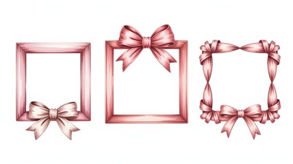Set of three decorative square frames with pink ribbon bows isolated on white background