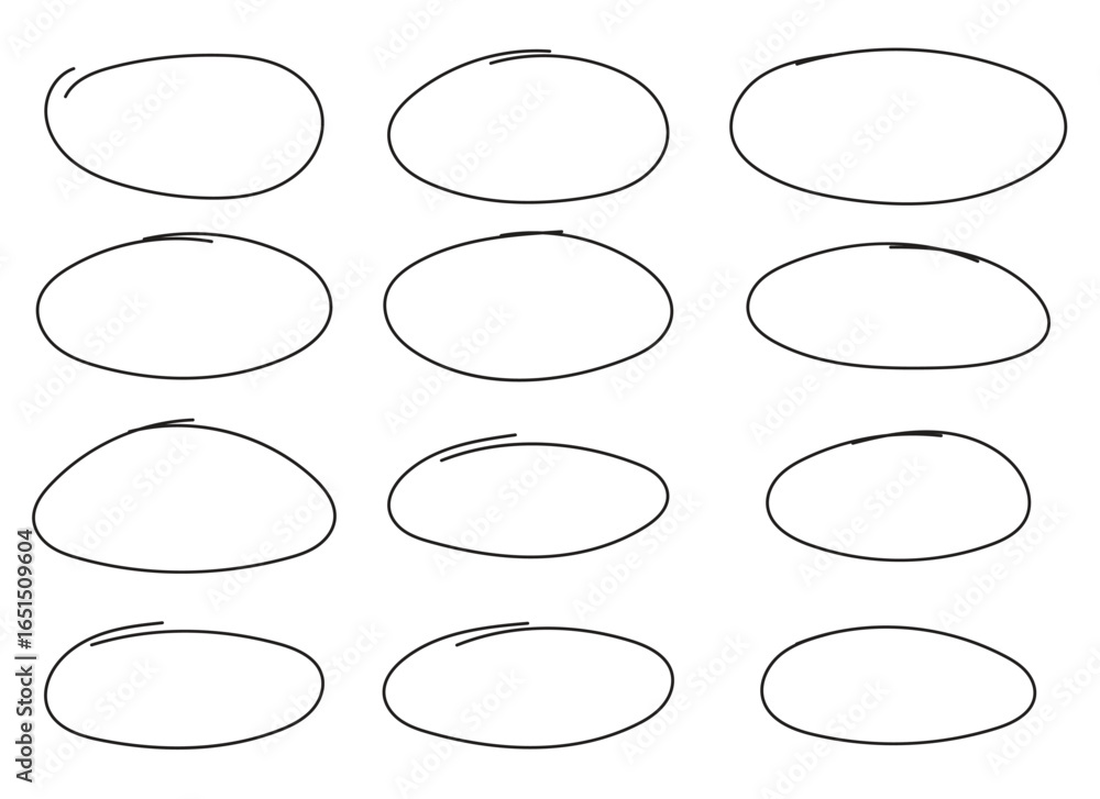 Poster a pattern of twelve simple black outline ovals on a white background. the ovals are hand drawn, with