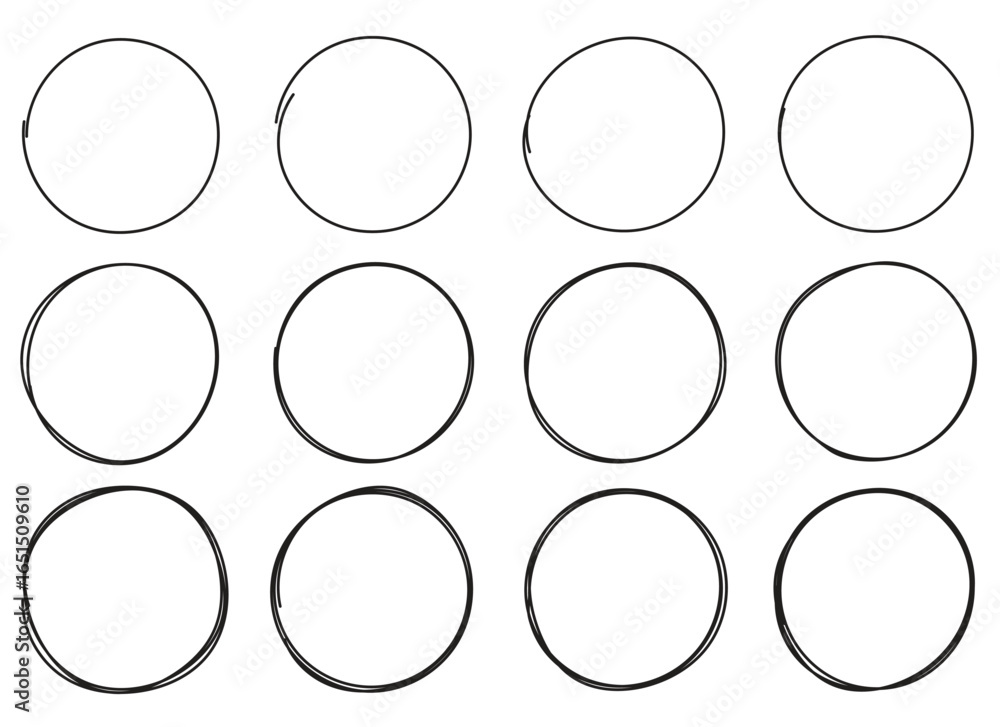 Poster twelve circular shapes drawn in a rough, sketchy style are neatly organized in a grid pattern on a w