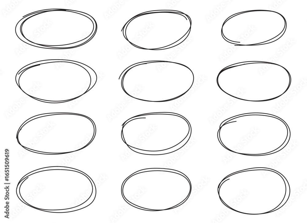 Poster twelve imperfectly drawn ovals with black outlines arranged in a three-by-four grid on a clean white