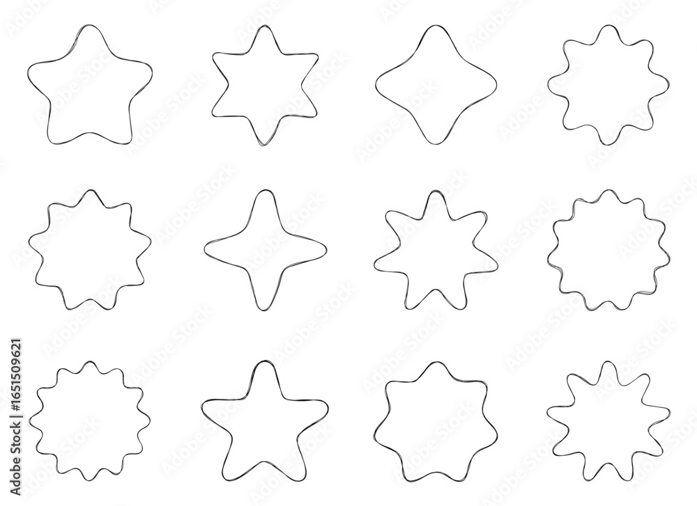 Poster a pattern of twelve different outlined whimsical star shapes and geometric forms on a white backgrou