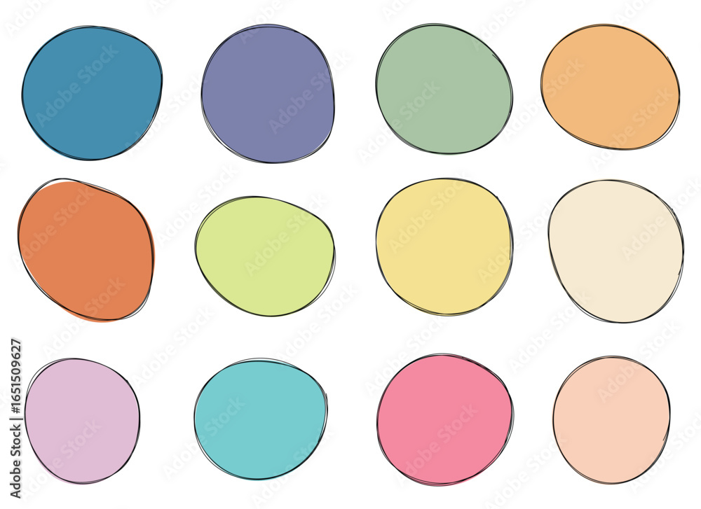 Poster twelve round pebble-like shapes, each filled with a different pastel color, are arranged in a grid p