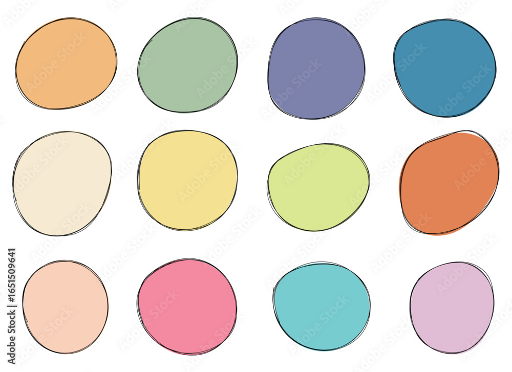 Poster a pattern of twelve rounded shapes, individually colored with light pastel shades, are outlined with