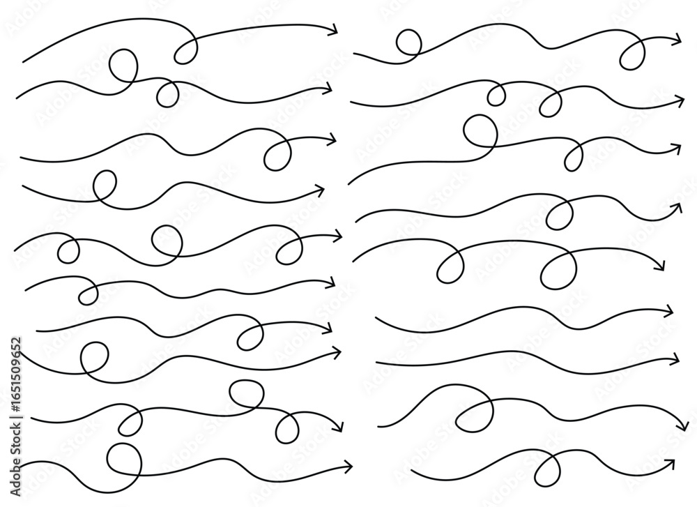 Poster a set of hand-drawn arrow lines with varying loops and curves suggesting movement, direction, flow, 