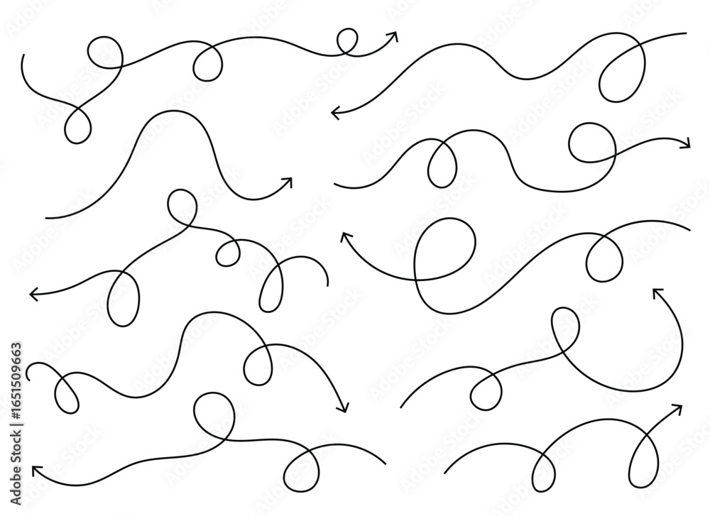 Poster a series of loopy, hand-drawn arrows on a plain background, each indicating a different direction. t