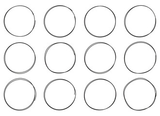 A dozen hand-drawn circles are neatly arranged in a three-by-four grid, set against a clean white background. Each circle exhibits slight imperfections inherent to handmade art.