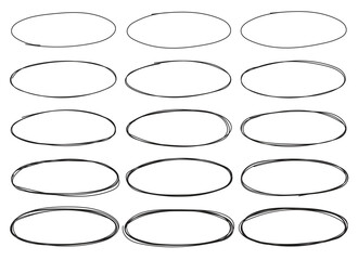 A collection of fifteen hand-drawn oval shapes on a white background. These outlines can be used for highlighting text or marking areas to draw attention to details.