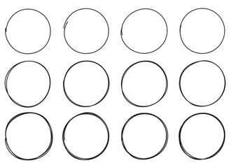 Twelve circular shapes drawn in a rough, sketchy style are neatly organized in a grid pattern on a white background. They offer a hand-crafted and informal aesthetic.