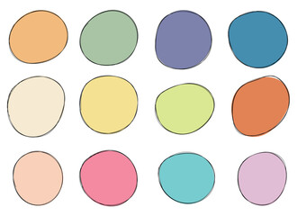 A pattern of twelve rounded shapes, individually colored with light pastel shades, are outlined with darker irregular lines, and arranged in organized rows against a plain white background.