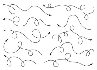 A graphic arrangement of looping, waving, and spiraling arrow lines, set against a clean white background. The arrows depict direction and playful design elements.