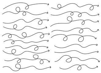 A set of hand-drawn arrow lines with varying loops and curves suggesting movement, direction, flow, and creative thinking. The arrows indicate straightforward pathways.