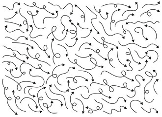 A dynamic collection of hand-drawn arrows scattered across a white background, each pointing in a different direction, offering a sense of movement and guidance. The arrows are varied in style.