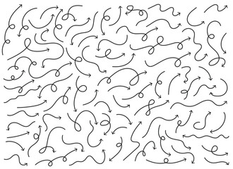 A collection of uniquely designed hand-drawn arrows scattered across a white background. The black arrows point in various directions, with curled and straight lines.