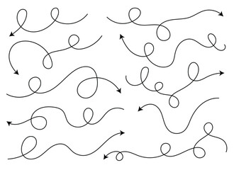 A set of twelve decorative arrows are displayed in a pattern against a plain white background. Each arrow has a playful looping design, and is pointing different directions.