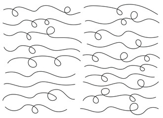 An array of black, abstract flowing lines are set against a white backdrop, with a mix of straight lines and swirls, creating a rhythmic and visually pleasing design.