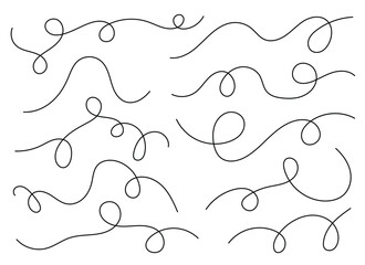 Elegant and playful set of hand-drawn black lines on a white background. These winding elements could be used to add detail and decoration to projects.