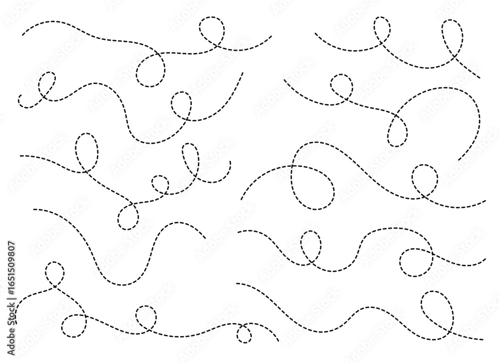 Poster a set of stylized dotted lines creating a whimsical pattern. these black, looping dashed lines evoke