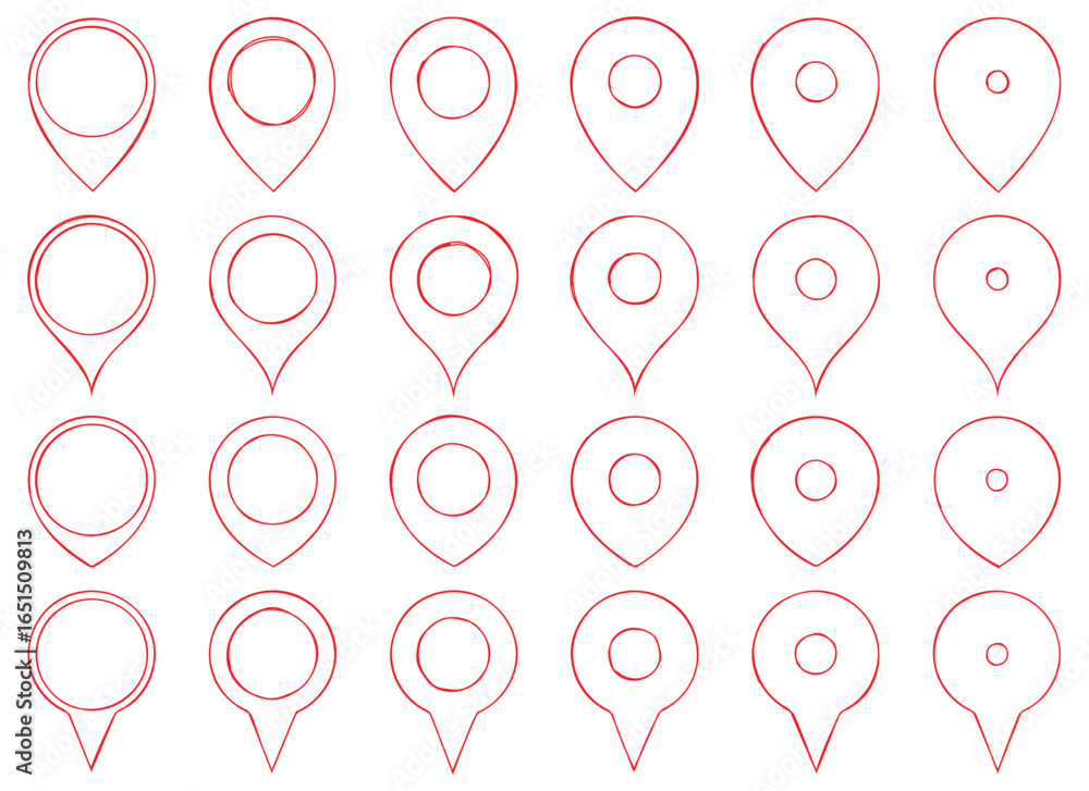 Poster a collection of twenty-four similar location pin illustrations in red lines against a white backgrou