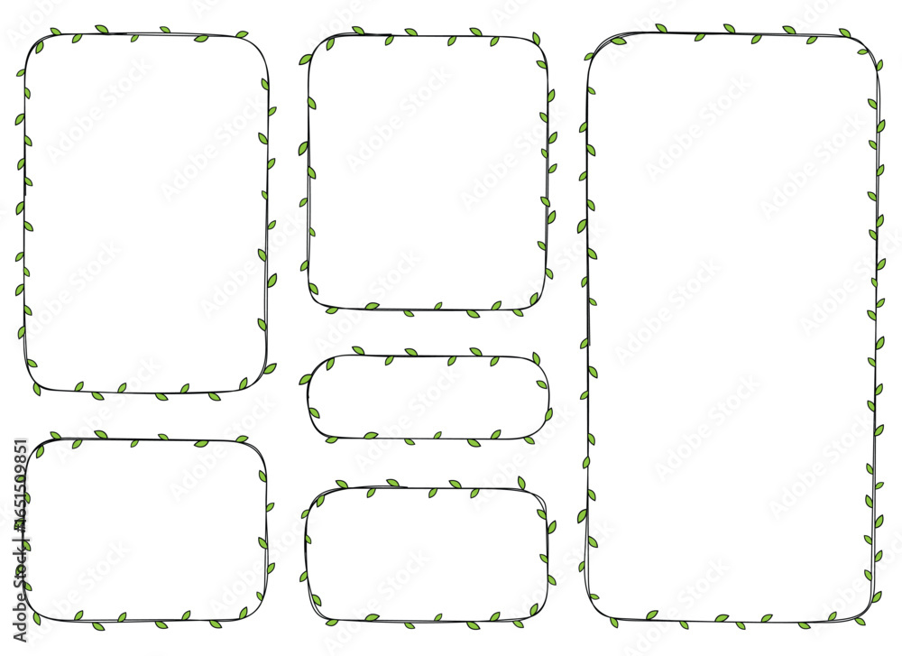 Poster a set of outlined geometric frames in varied sizes, each adorned with a delicate garland of green le