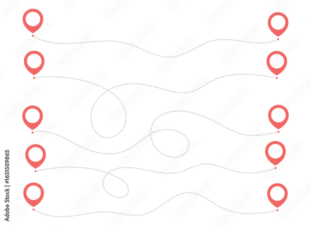 Poster several red route markers are connected by dotted gray lines, illustrating different paths or itiner