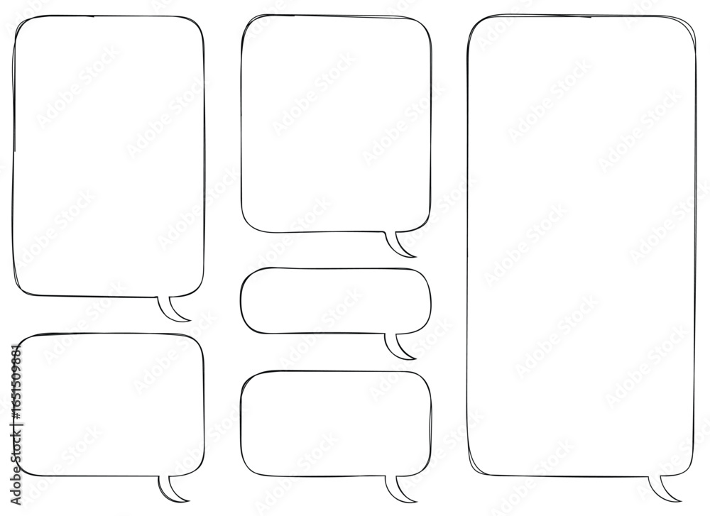 Poster a collection of empty speech bubbles in various shapes and sizes, with sketch-like borders, on a whi