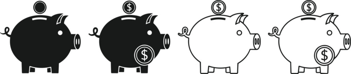 piggy bank icon set, savings symbol, money graphic, finance design, dollar coin illustration, banking icon, investment tool, budget symbol, economy graphic, currency