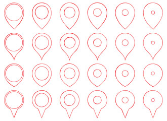 A collection of twenty-four similar location pin illustrations in red lines against a white background with slight variations for a map or navigation concept.