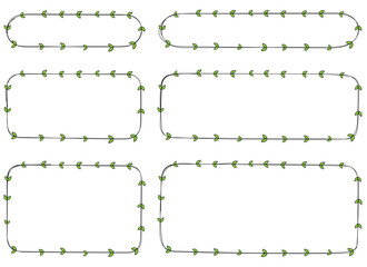 A white background features six outlined rectangular frames decorated with green leaves. They can be used for decoration, invitation cards, or placeholders for textual content.