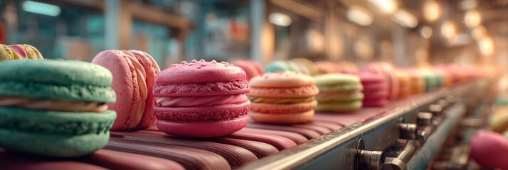 Colorful macarons on a conveyor belt in a pastry factory during a busy production day