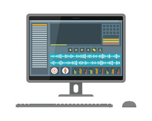 Illustration of a computer screen interface displaying an audio and video editing timeline with playback controls and tools, keyboard and mouse included in view.