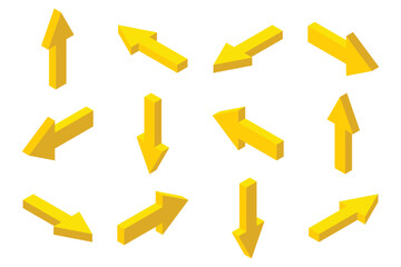 An image depicts twelve isometric golden arrows, each oriented in a unique direction on a white background, suggesting navigation or options and highlighting different routes.