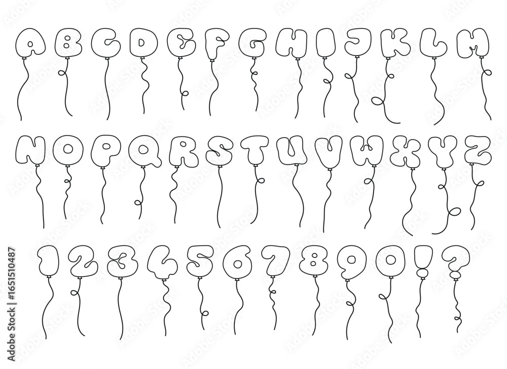 Poster an outlined illustration displaying the alphabet from a to z, numbers 1 to 9, exclamation point, and