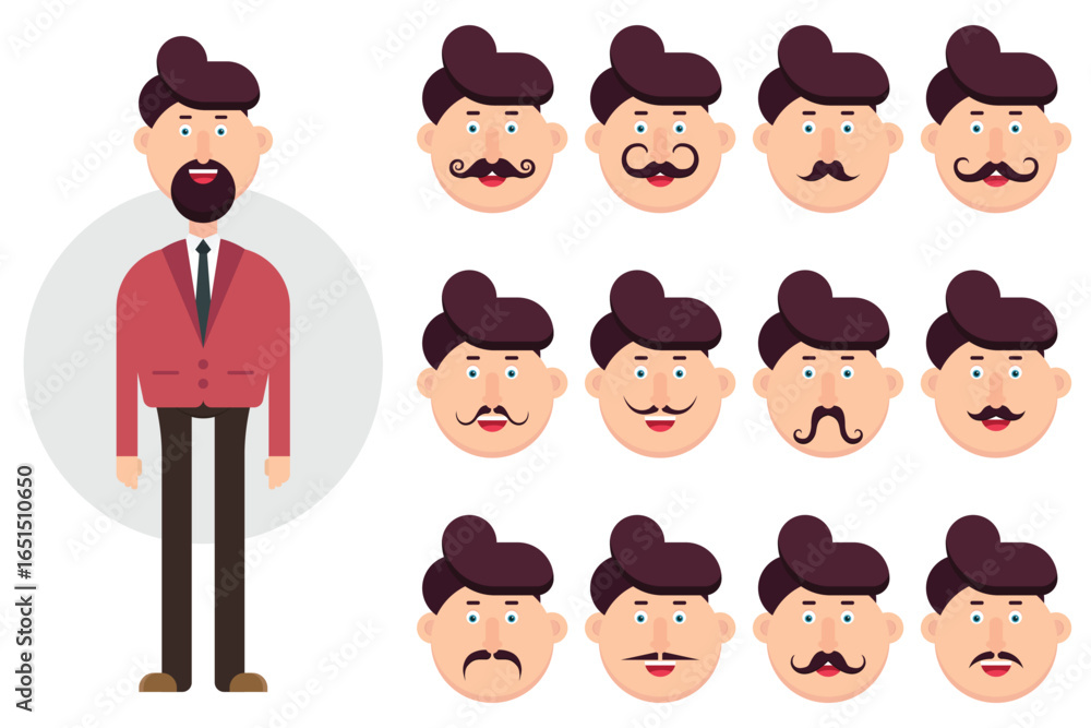 Poster a stylized man character stands in formal wear, with an array of different mustache options for cust