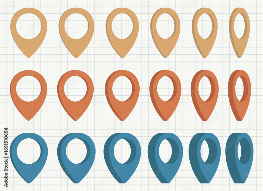 Poster a collection of map pin icons in varying perspectives, displayed in beige, orange, and blue. they re