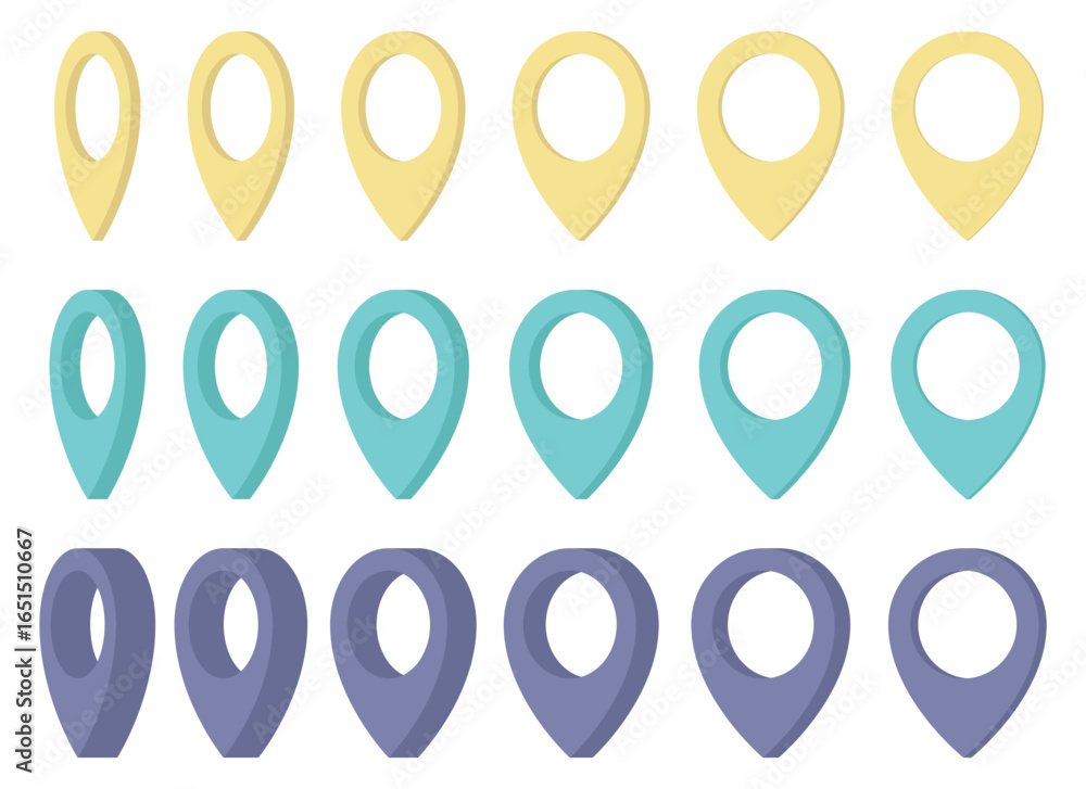 Poster three rows of location pin markers in yellow, blue, and purple. the markers are designed with an iso