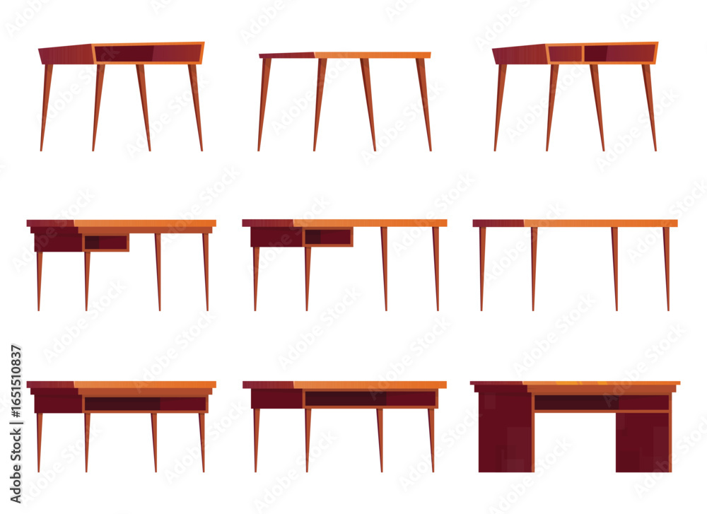 Poster an array of desks showcases a variety of styles, leg designs, and storage features. the desks offer 