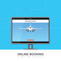 Illustration of online airplane ticket booking on a monitor with an airplane against a vibrant blue background. The interface includes options to search for flights.