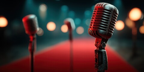 Vintage microphones line a red carpet in a dimly lit venue prepared for an exciting evening of live performances and entertainment