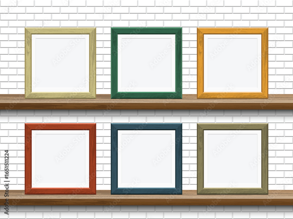 Poster six square frames are arranged in two rows on wooden shelves against a white brick background. each 