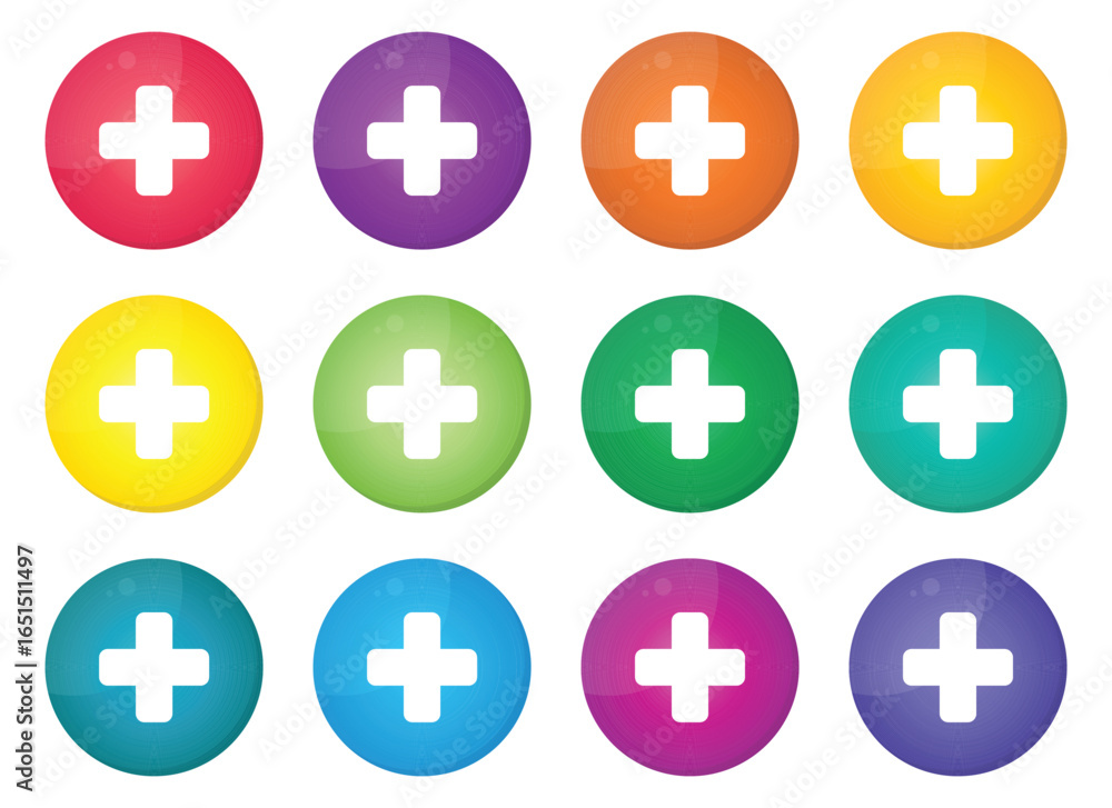 Poster a pattern featuring twelve colorful circles, each containing a white plus sign in the center. the ci