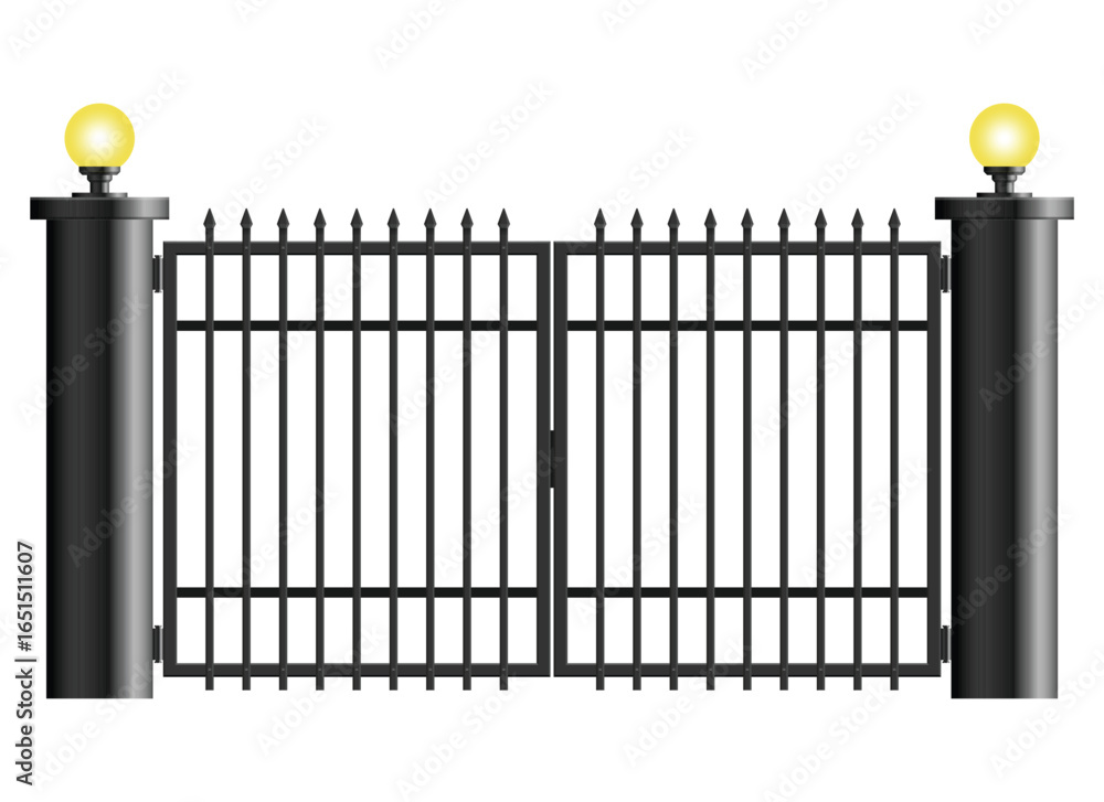 Poster this image features a decorative wrought iron gate with pointed finials, supported by two substantia
