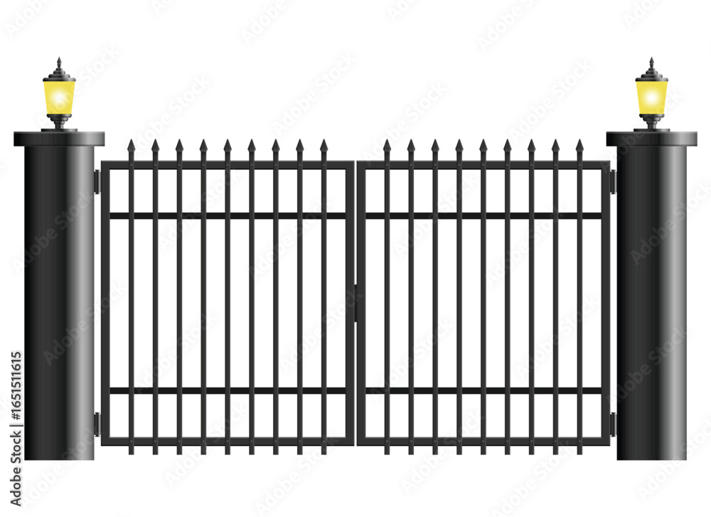 Poster a black gate stands closed between two cylindrical posts topped with decorative lamps on an isolated